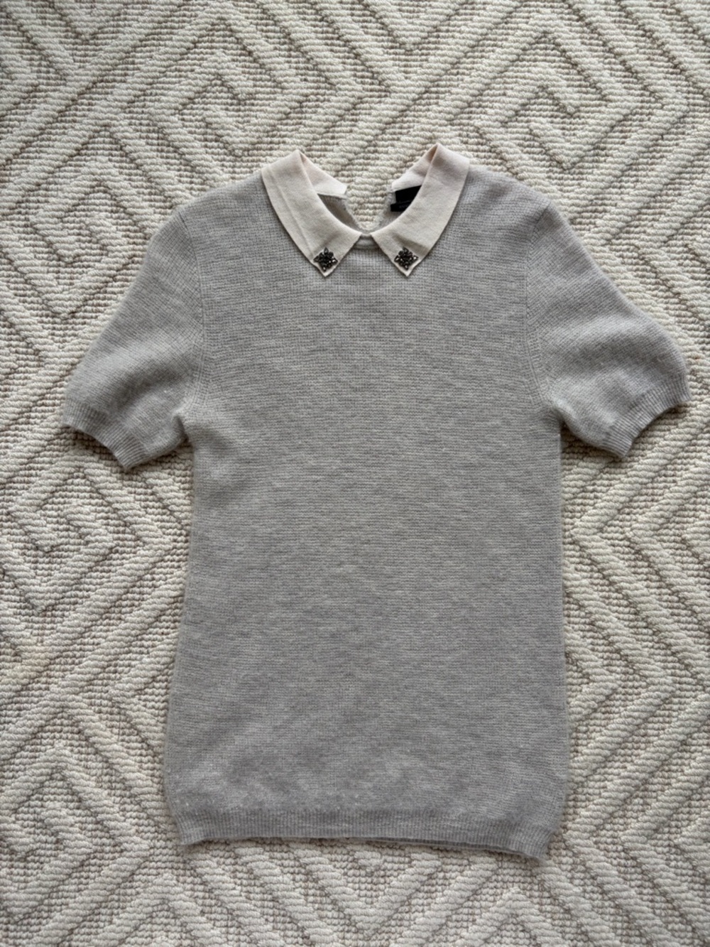J. Crew Gray Cashmere Short-Sleeve Polo with Cream Jeweled Collar